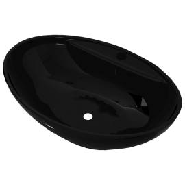 Bazin chiuvetă ceramică baie cu gaură robinet/preaplin, oval, negru, 2 image