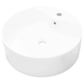 Bazin chiuvetă ceramică baie cu gaură robinet/preaplin, rotund, alb, 2 image
