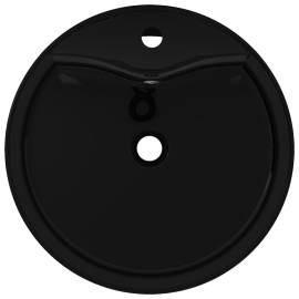 Bazin chiuvetă ceramică baie cu gaură robinet/preaplin, rotund, negru, 3 image