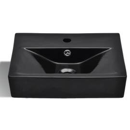 Chiuvetă baie loc robinet/preaplin negru ceramic dreptunghiular, 4 image