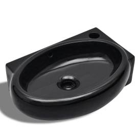 Chiuvetă baie orificiu robinet/preaplin, negru, ceramică, rotund, 2 image