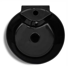 Chiuvetă ceramică baie cu suport, gaură robinet/preaplin, rotund, negru, 4 image