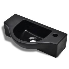 Chiuvetă de baie din ceramică, gaură pentru robinet și preaplin, negru, 2 image