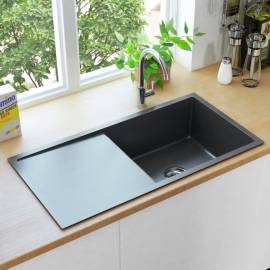Chiuvetă bucătărie lucrată manual cu sită negru oțel inoxidabil, 3 image