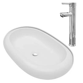 Chiuvetă de baie cu robinet mixer, ceramic, oval, alb, 2 image