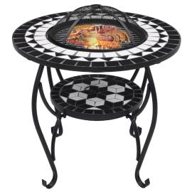 Masă cu vatră de foc, mozaic, negru și alb, 68 cm, ceramică, 3 image