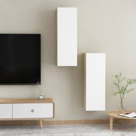Comode tv, 2 buc., alb și stejar sonoma, 30,5x30x90 cm, pal, 4 image