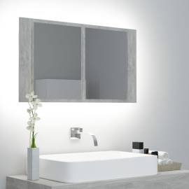 Dulap de baie cu oglindă și led, gri beton, 80x12x45 cm