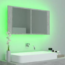 Dulap de baie cu oglindă și led, gri beton, 90x12x45 cm, 4 image