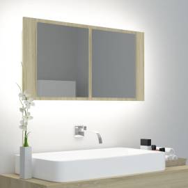 Dulap de baie cu oglindă și led, stejar sonoma, 90x12x45 cm