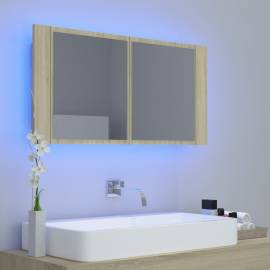 Dulap de baie cu oglindă și led, stejar sonoma, 90x12x45 cm, 3 image