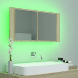 Dulap de baie cu oglindă și led, stejar sonoma, 90x12x45 cm, 5 image