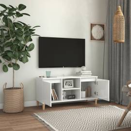 Comodă tv & picioare lemn masiv alb extralucios 103,5x35x50 cm, 3 image