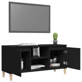 Comodă tv, picioare lemn masiv, negru, 103,5x35x50 cm, 4 image