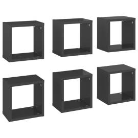 Raft de perete cub, 6 buc., gri extralucios, 22x15x22 cm, pal, 2 image