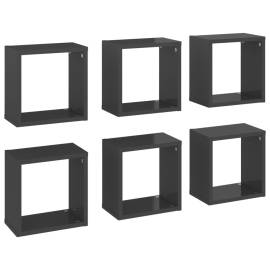 Raft de perete cub, 6 buc., gri extralucios, 26x15x26 cm, pal, 2 image