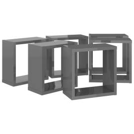 Raft de perete cub, 6 buc., gri extralucios, 30x15x30 cm, pal, 6 image