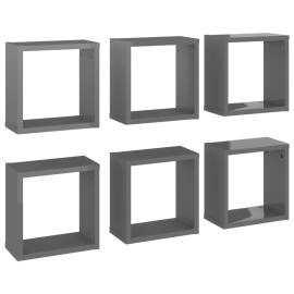 Raft de perete cub, 6 buc., gri extralucios, 30x15x30 cm, pal, 2 image