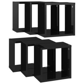 Rafturi de perete cub, 6 buc., negru extralucios, 26x15x26 cm, 5 image