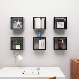 Rafturi de perete cub negru extralucios 6 piese 30x15x30 cm, 3 image