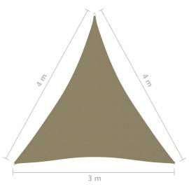 Parasolar, bej, 3x4x4 m, țesătură oxford, triunghiular, 6 image