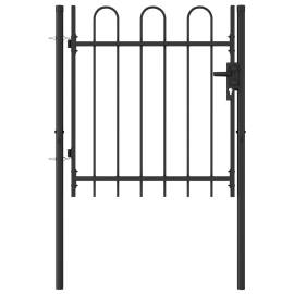 Poartă de gard cu o ușă, vârf arcuit, negru, 1 x 1 m, oțel