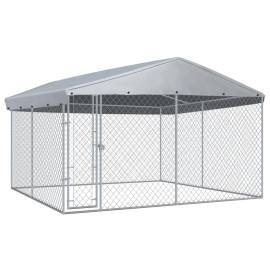 Padoc de exterior cu acoperiș pentru câini, 382x382x225 cm