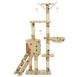 Ansamblu pisici stâlpi funie sisal, 138 cm imprimeu lăbuțe, bej, 3 image