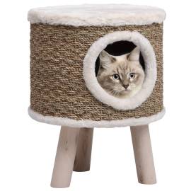 Căsuță de pisici cu picioare din lemn, 41 cm, iarbă de mare