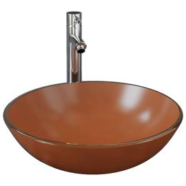 Chiuvetă baie, robinet și scurgere tip push, maro sticlă călită, 2 image