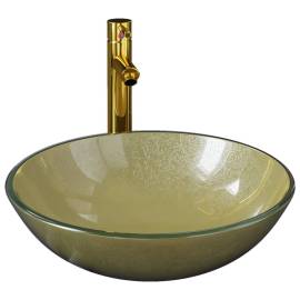 Chiuvetă baie cu robinet și scurgere tip push, sticlă aurie, 2 image