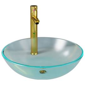 Chiuvetă baie cu robinet și scurgere tip push, sticlă mătuită, 2 image