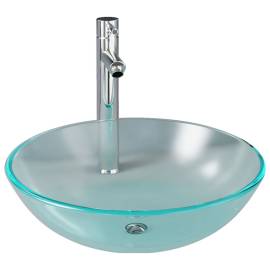 Chiuvetă baie cu robinet și scurgere tip push, sticlă mătuită, 2 image