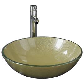 Chiuvetă baie cu robinet&scurgere cu apăsare, sticlă aurie, 2 image
