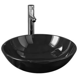 Chiuvetă baie robinet și scurgere tip push, negru sticlă călită, 2 image