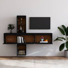 Comode tv, 5 buc., negru, lemn masiv de pin, 3 image