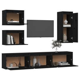 Comode tv, 6 buc., negru, lemn masiv de pin, 4 image