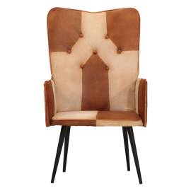 Scaun cu spătar înalt, maro și crem, piele naturală, 3 image
