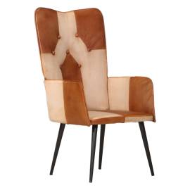 Scaun cu spătar înalt, maro și crem, piele naturală, 2 image