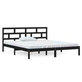 Cadru de pat dublu 4ft6, negru, 135x190 cm, lemn masiv, 2 image