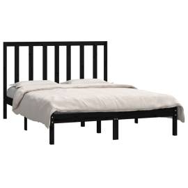 Cadru de pat dublu 4ft6, negru, 135x190 cm, lemn masiv pin, 3 image