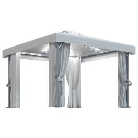 Pavilion cu perdele & șiruri lumini led, alb crem, 3x3 m
