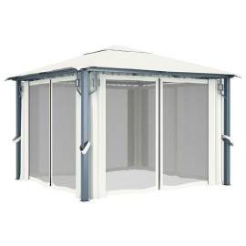 Pavilion cu perdele & șiruri lumini led, crem, 3x3 m, aluminiu, 3 image