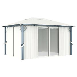 Pavilion cu perdele & șiruri lumini led, crem, 4x3 m, aluminiu, 3 image