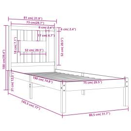 Cadru de pat small single 2ft6, negru, 75x190 cm, lemn masiv, 6 image