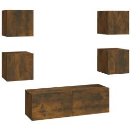 Set dulapuri tv de perete, stejar fumuriu, lemn prelucrat, 2 image