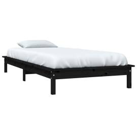 Cadru de pat mic single 2ft6, negru,75x190cm, lemn masiv de pin, 3 image