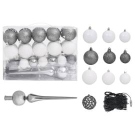 Set brad crăciun artificial cu led-uri/globuri, alb, 120 cm, 5 image