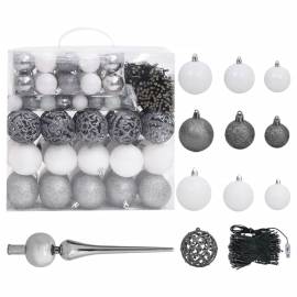 Set brad de crăciun artificial cu led-uri/globuri, alb, 240 cm, 5 image