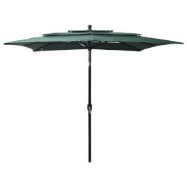 Umbrelă de soare 3 niveluri, stâlp aluminiu, verde, 2,5x2,5 m